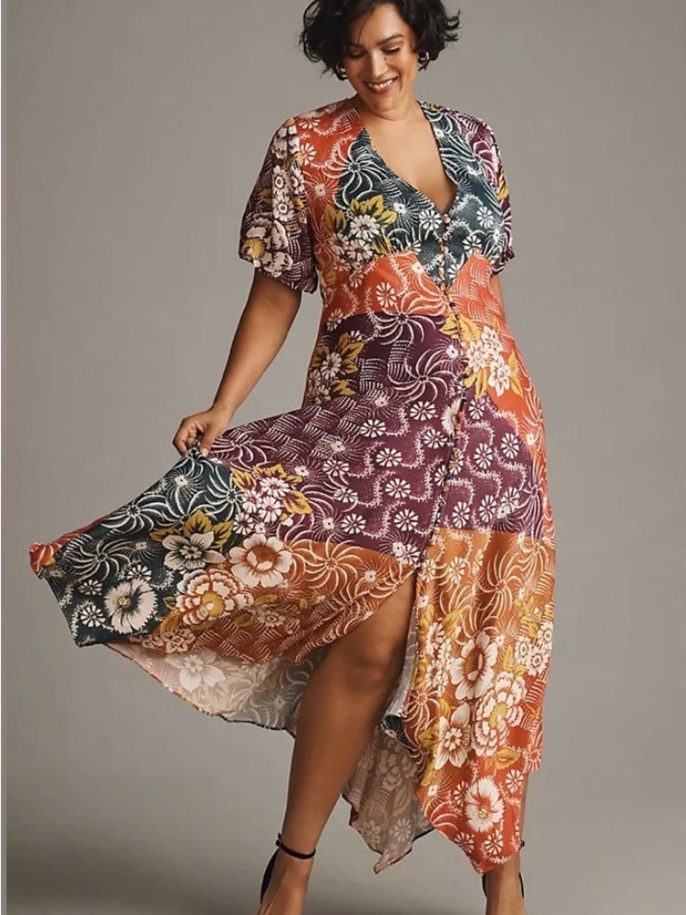 Anthropologie V Neck, Short Sleeve Button Front Dress